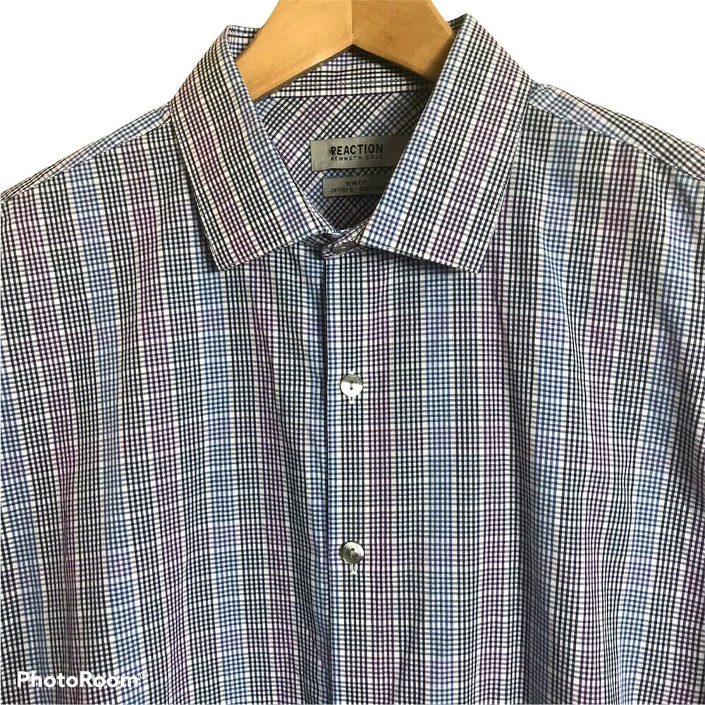 Kenneth Cole Reaction Dress Shirt Mens 17 34/35 Plaid Slim Fit Dry-Tek Easy Care